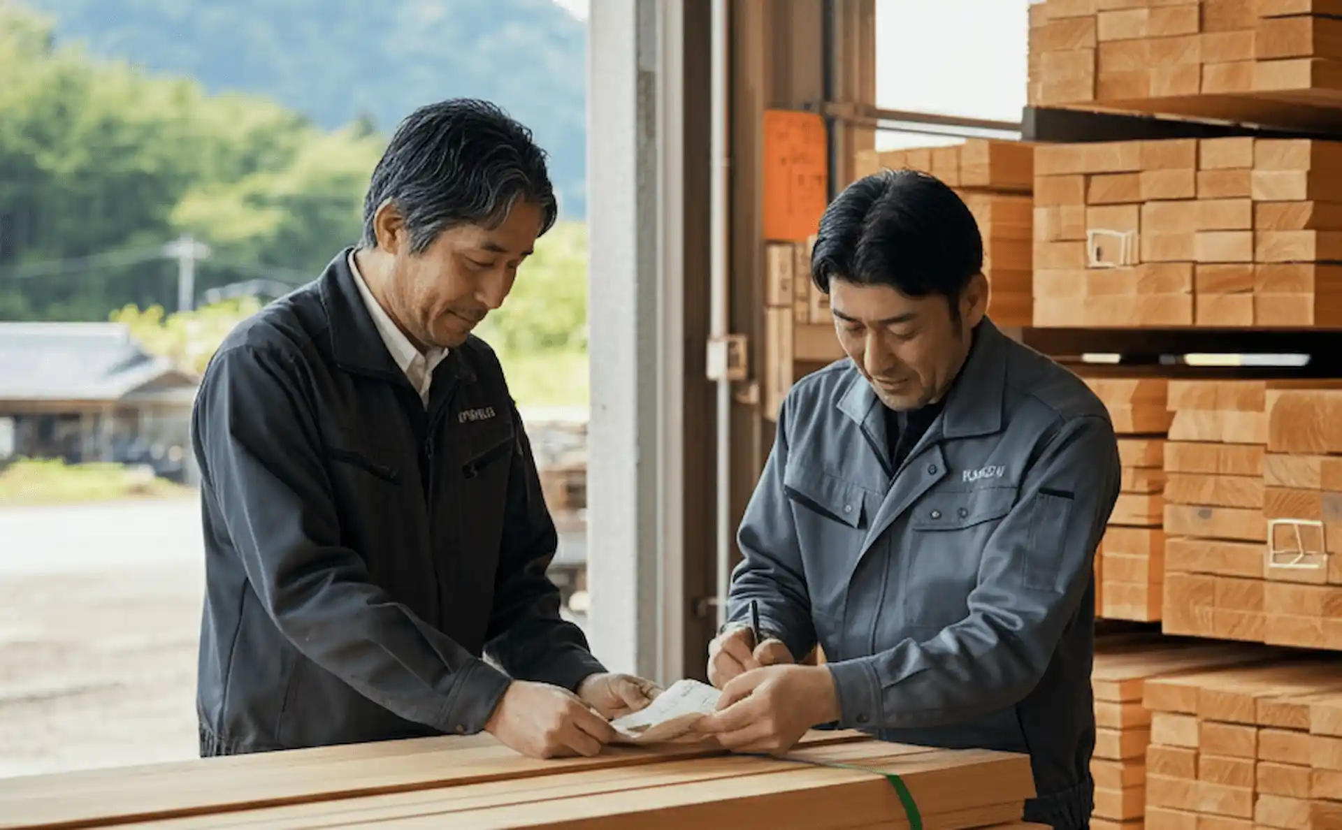 みどりモクザイのスタッフが、お客様に木材を納品し、代金の受け取りを行っている様子